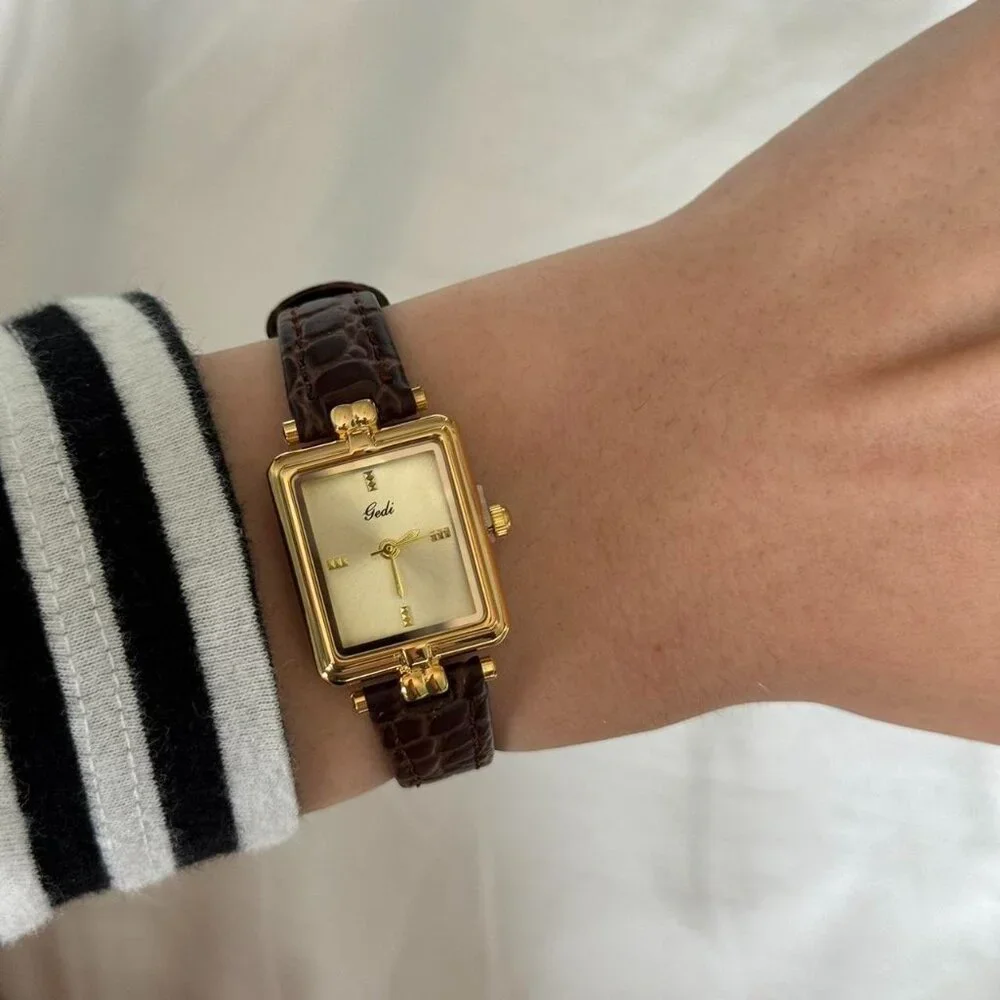SKU:0129 vintage style gold mini watch brown leather strap + in a gift box